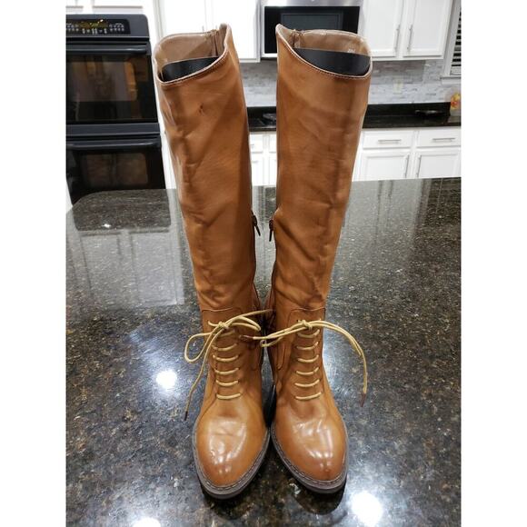 Sophia & Lee Knee High Boots Womens 8 Brown Faux Leather Round Toe Lace Side Zip - Picture 1 of 12